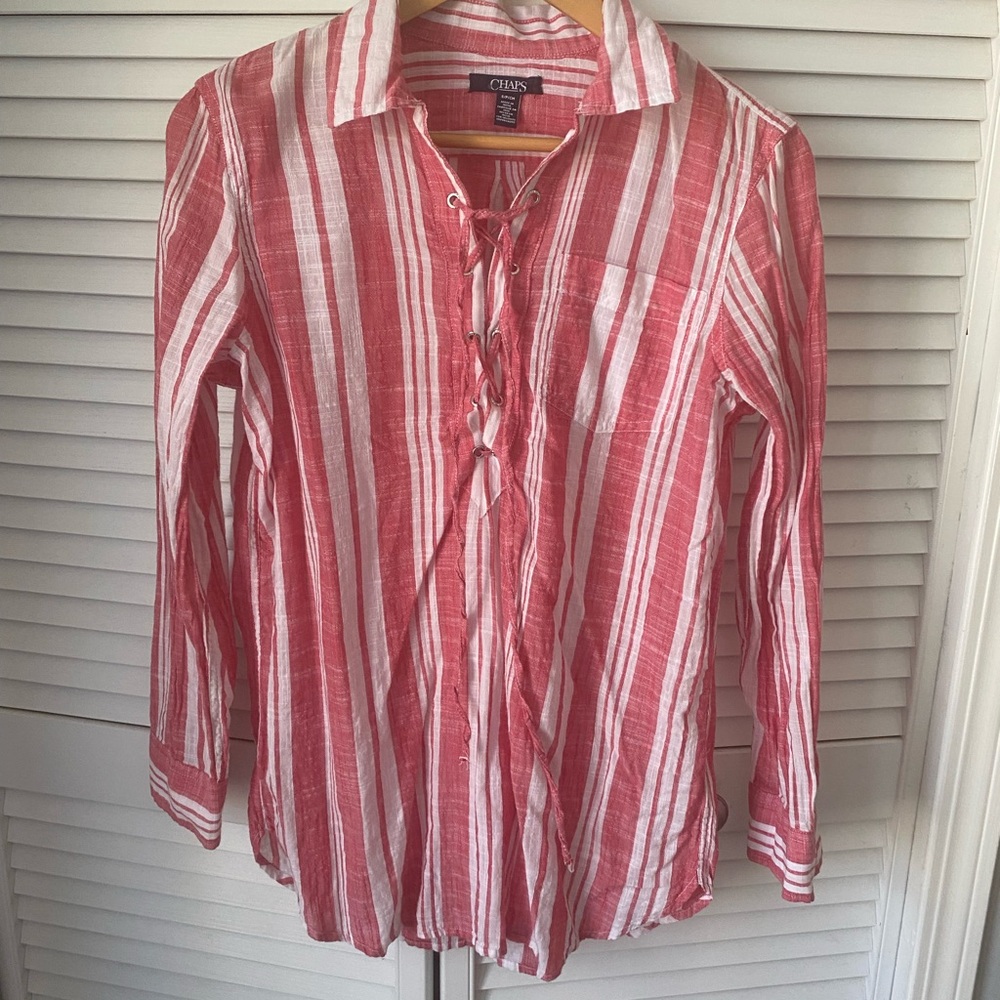 Chaps Red and White Striped Lace-Up Button Shirt